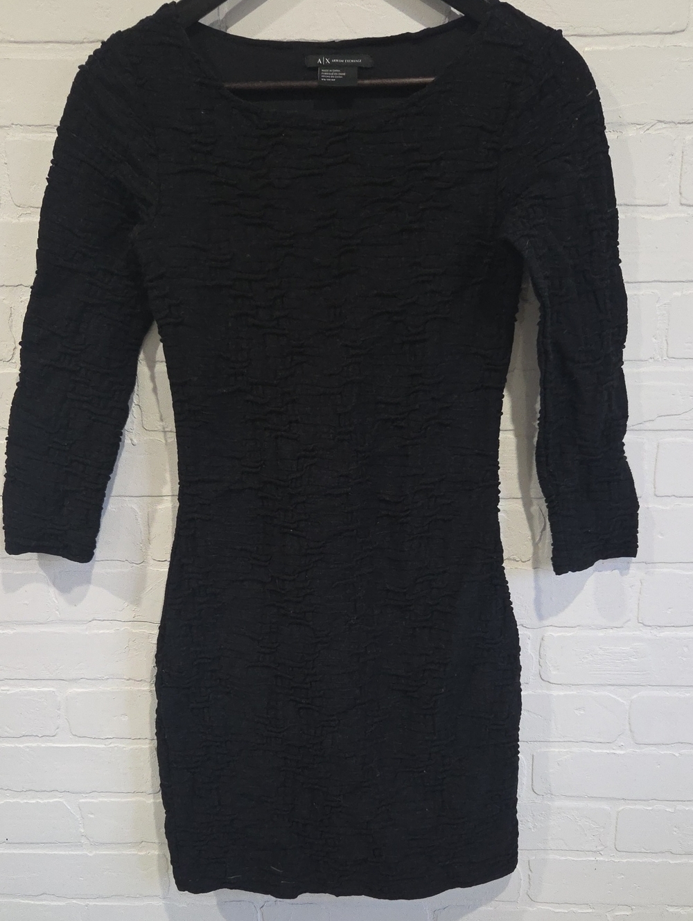 A/X Armani Exchange Black Textured Mini Dress with Three-Quarter Sleeves